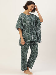 Green & White Printed Cotton Kaftan Set