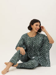 Green & White Printed Cotton Kaftan Set