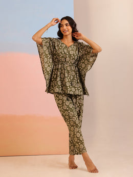 Green Floral Print V-Neck Pure Cotton Kaftan Night Suit For Women