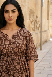Brown V-Neck Pure Cotton Floral Printed Night Suit For Women