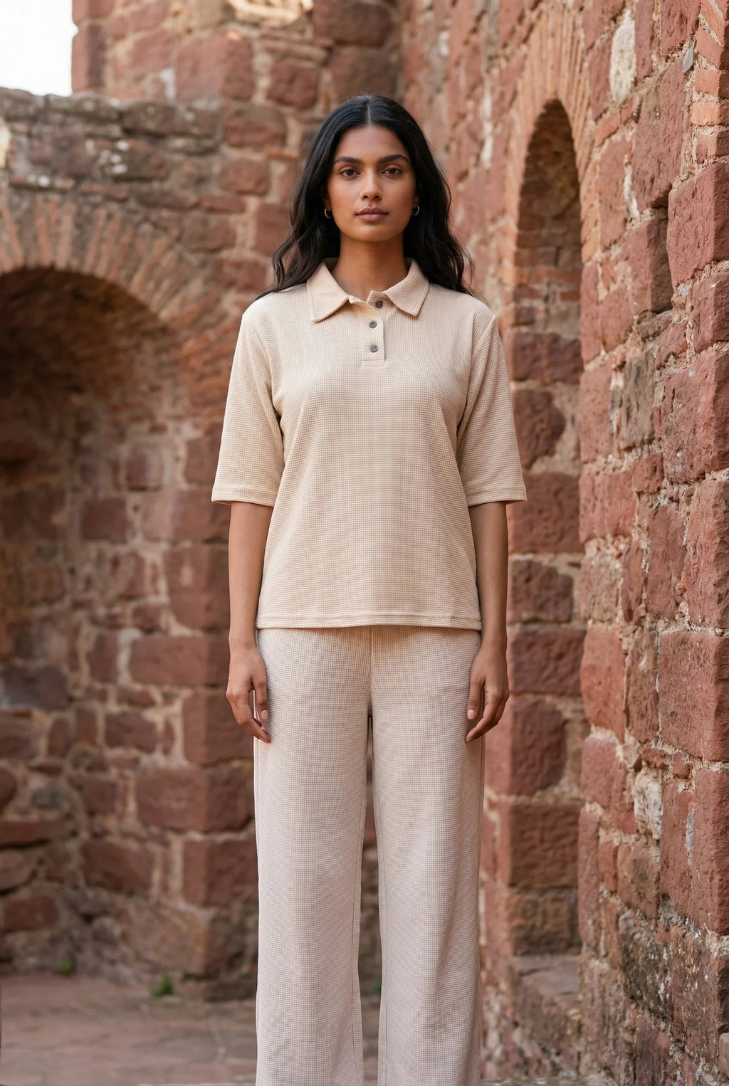 Beige Solid Print Shirt Collar Lycra Night Suit Set for Women - SanskrutiHomes 