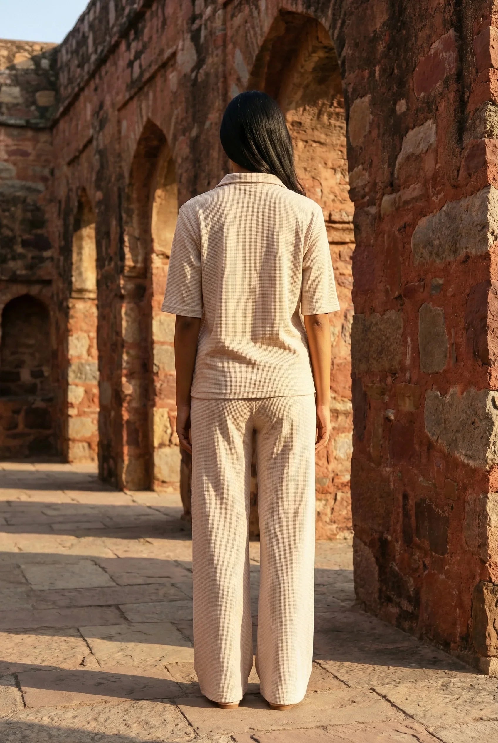 Beige Solid Print Shirt Collar Lycra Night Suit Set for Women - SanskrutiHomes 