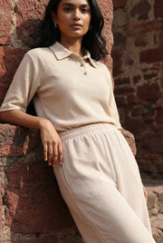 Beige Solid Print Shirt Collar Lycra Night Suit Set for Women - SanskrutiHomes 