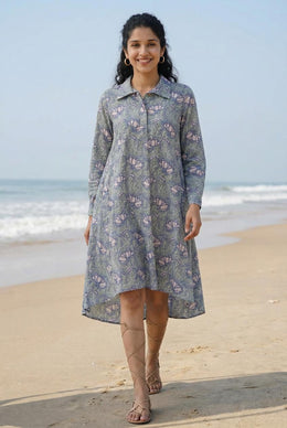Grey & Pink Floral Printed Pure Cotton A-Line Nightdress For Women