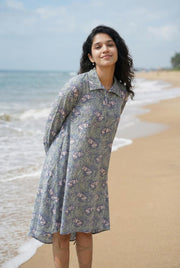Grey & Pink Floral Printed Pure Cotton A-Line Nightdress For Women