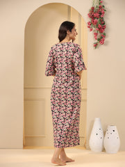 Black V-Neck Floral Print Cotton Nightdress For Women