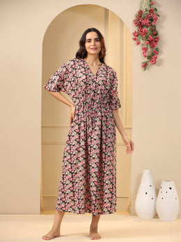 Black V-Neck Floral Print Cotton Nightdress For Women