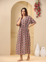 Black V-Neck Floral Print Cotton Nightdress For Women