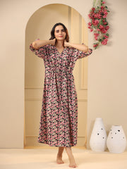 Black V-Neck Floral Print Cotton Nightdress For Women