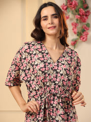 Black V-Neck Floral Print Cotton Nightdress For Women