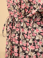 Black V-Neck Floral Print Cotton Nightdress For Women