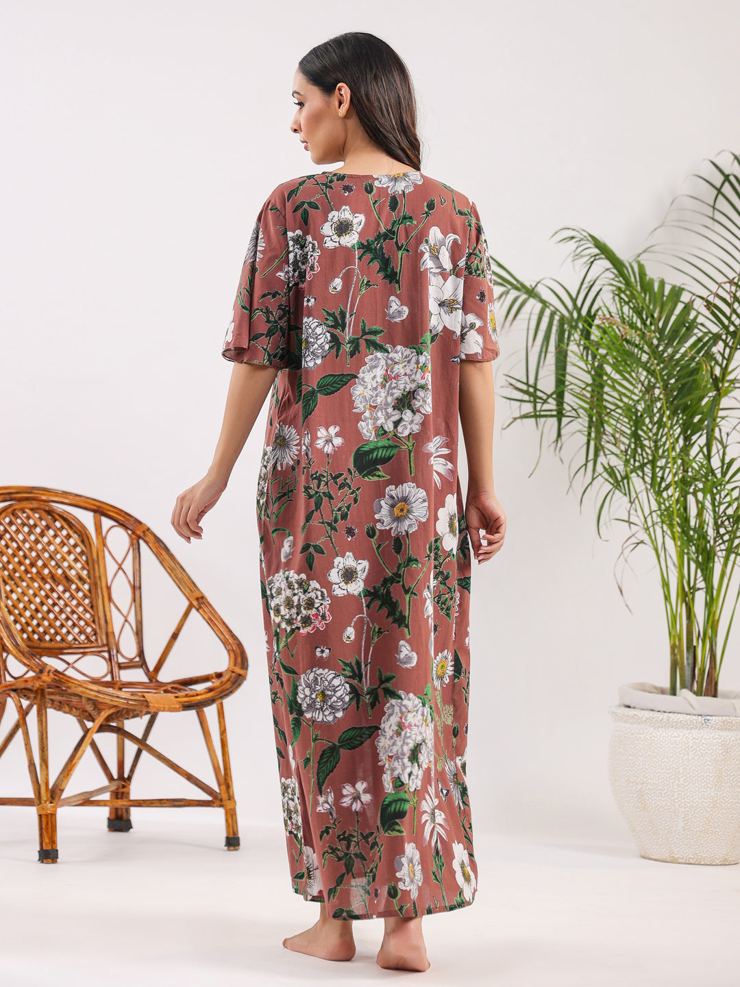 Brown Floral Cotton Night Dress