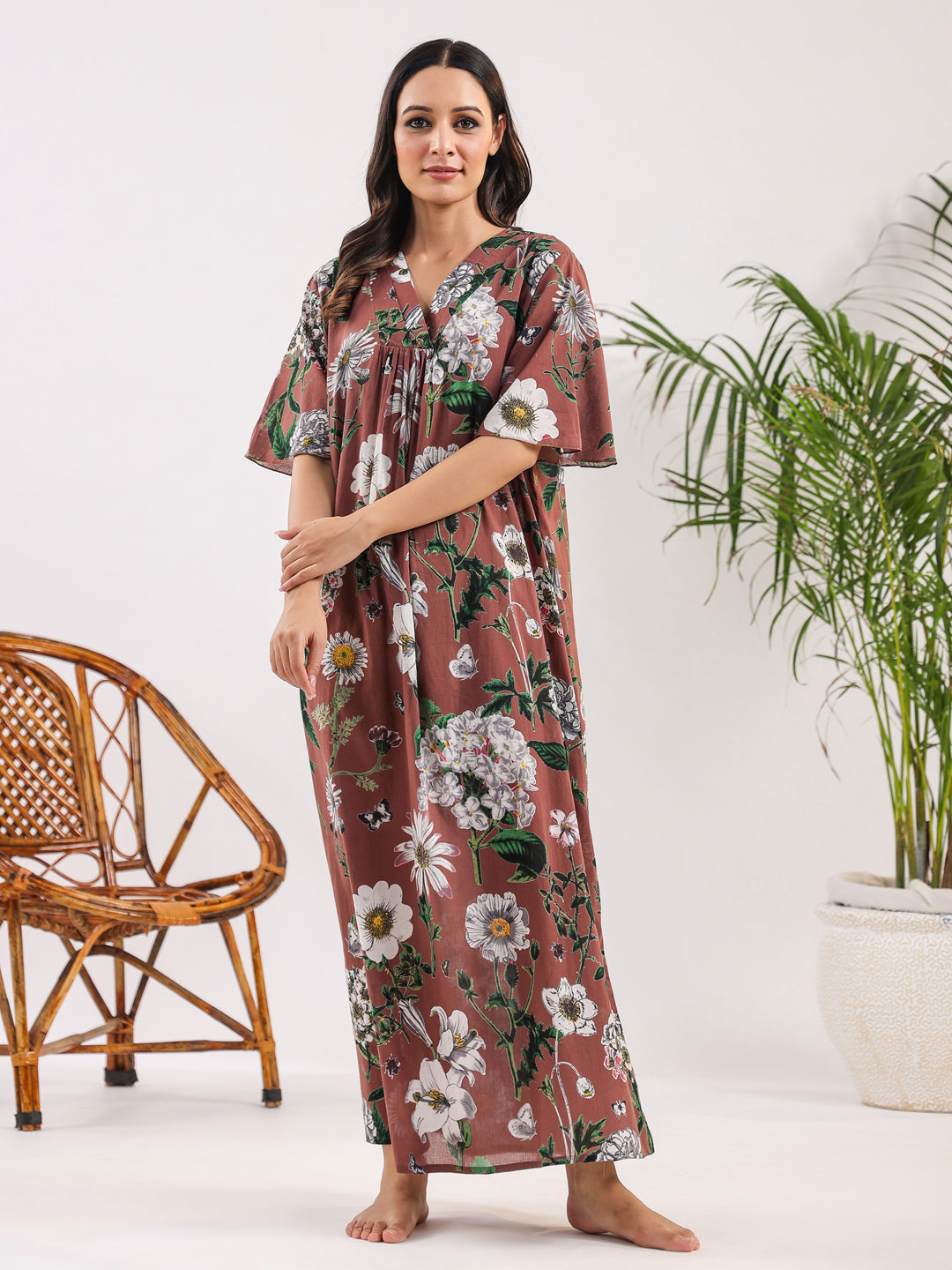 Brown Floral Cotton Night Dress
