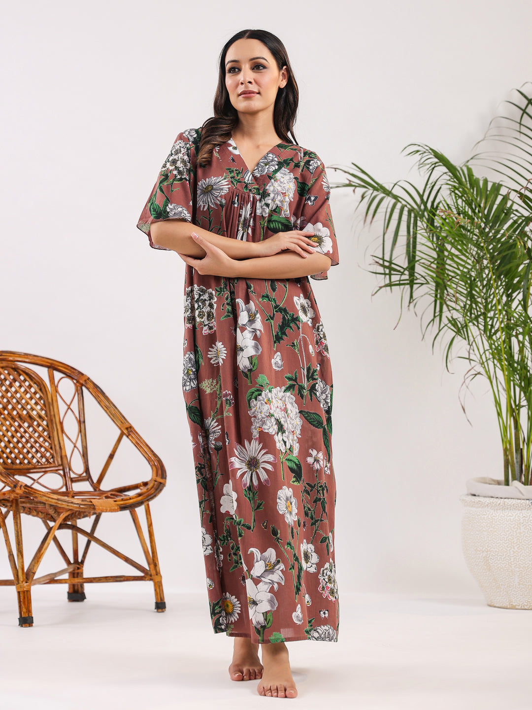 Brown Floral Cotton Night Dress