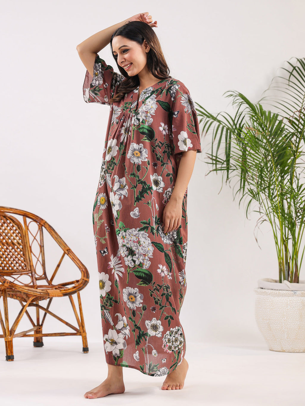 Brown Floral Cotton Night Dress