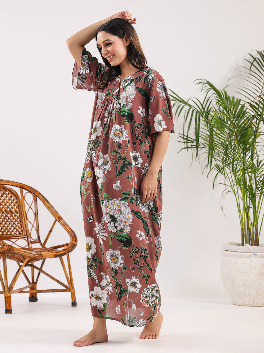 Brown Floral Cotton Night Dress