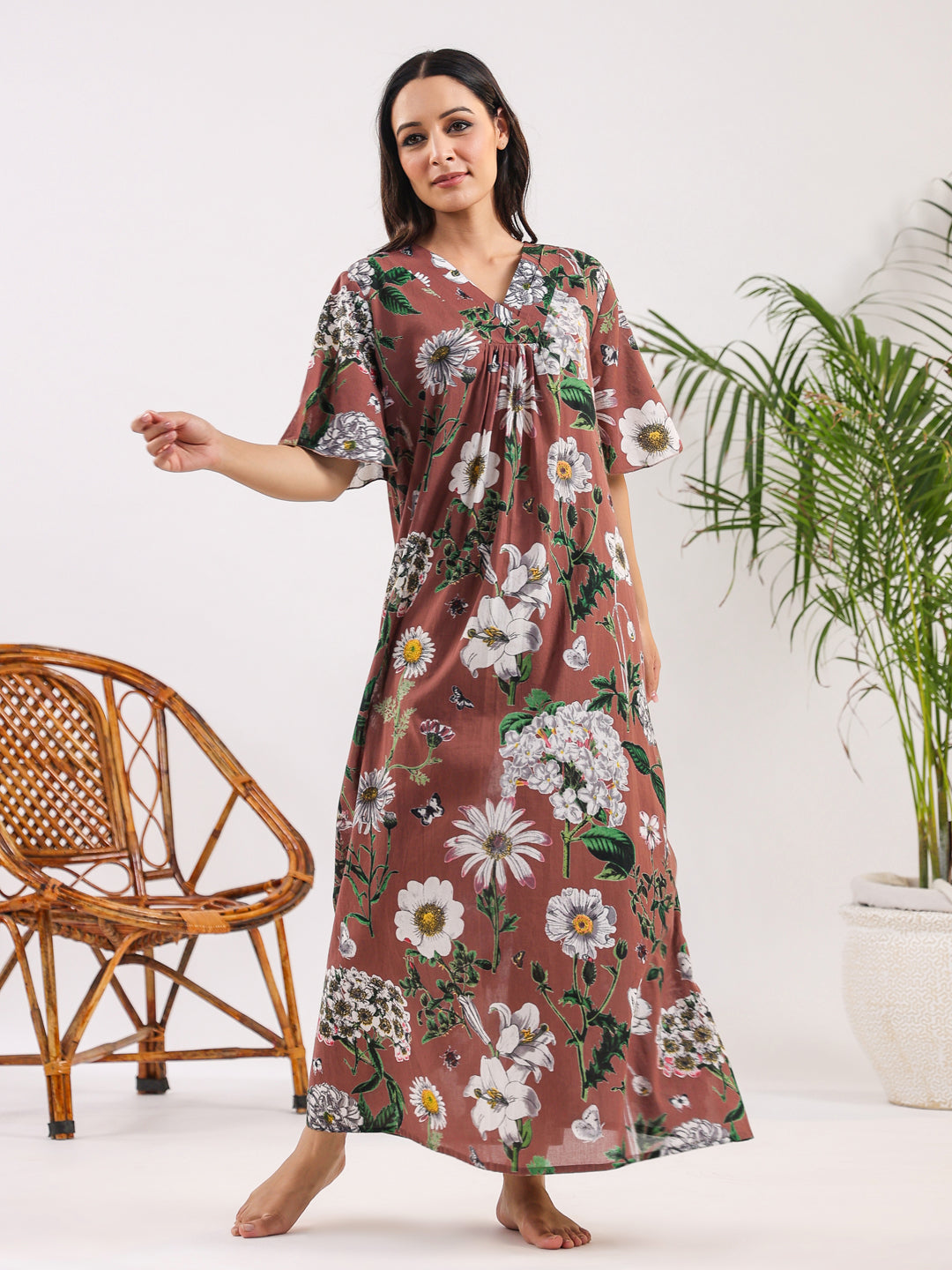 Brown Floral Cotton Night Dress