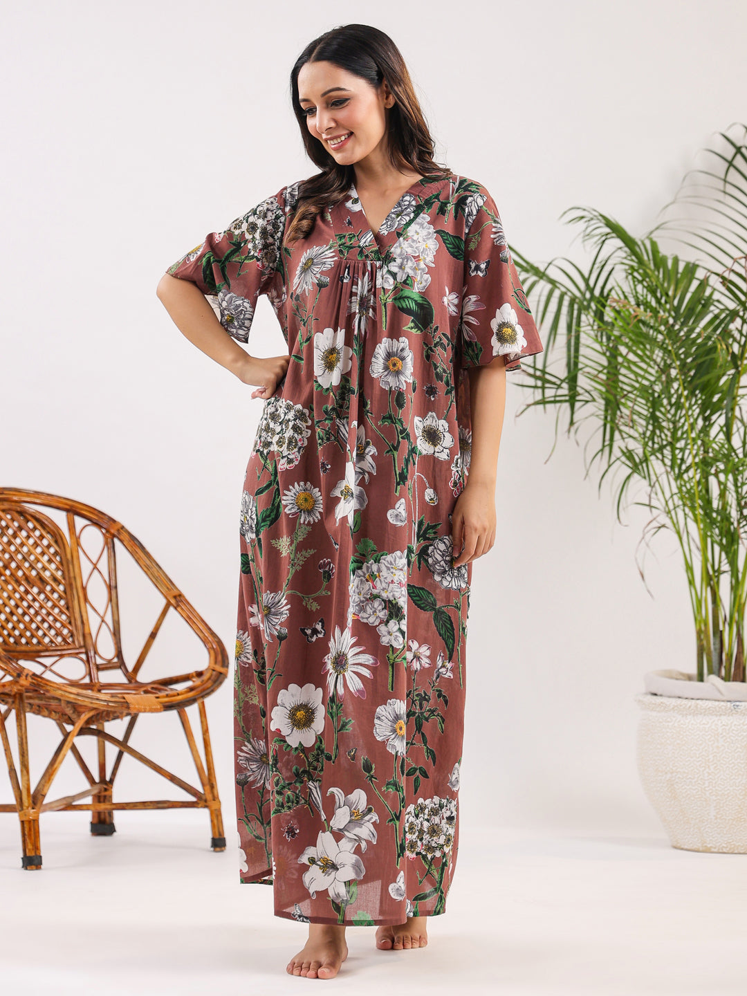 Brown Floral Cotton Night Dress