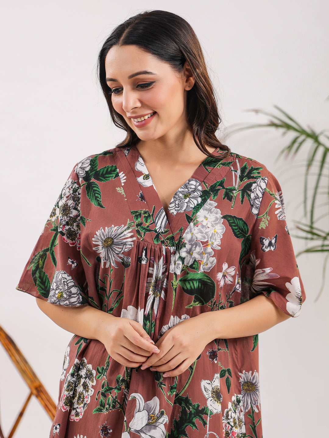 Brown Floral Cotton Night Dress