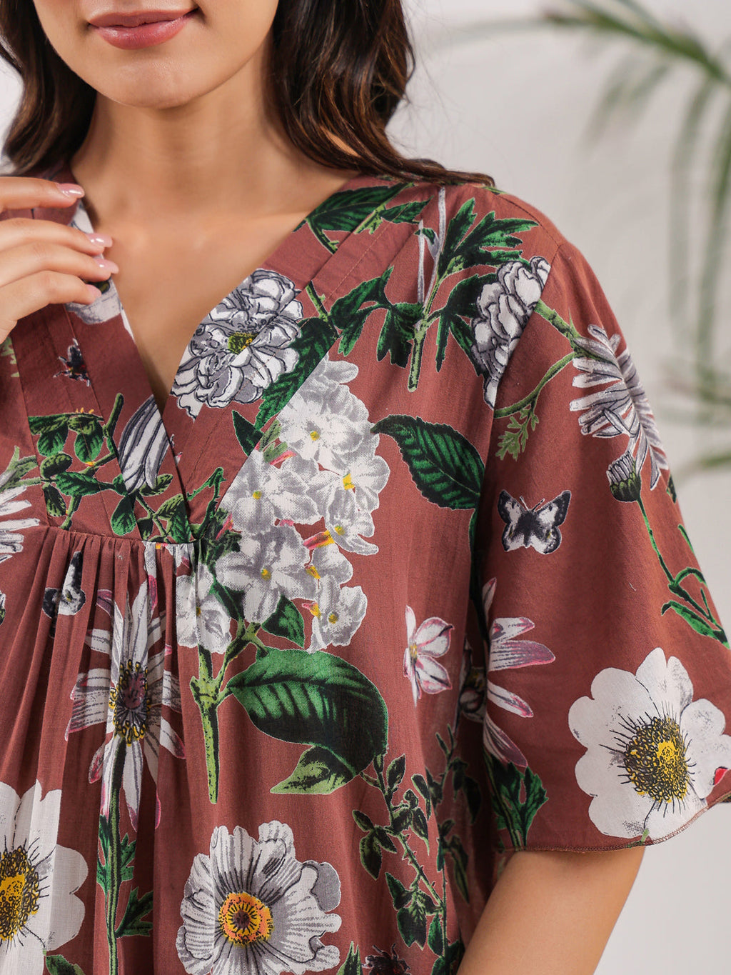 Brown Floral Cotton Night Dress