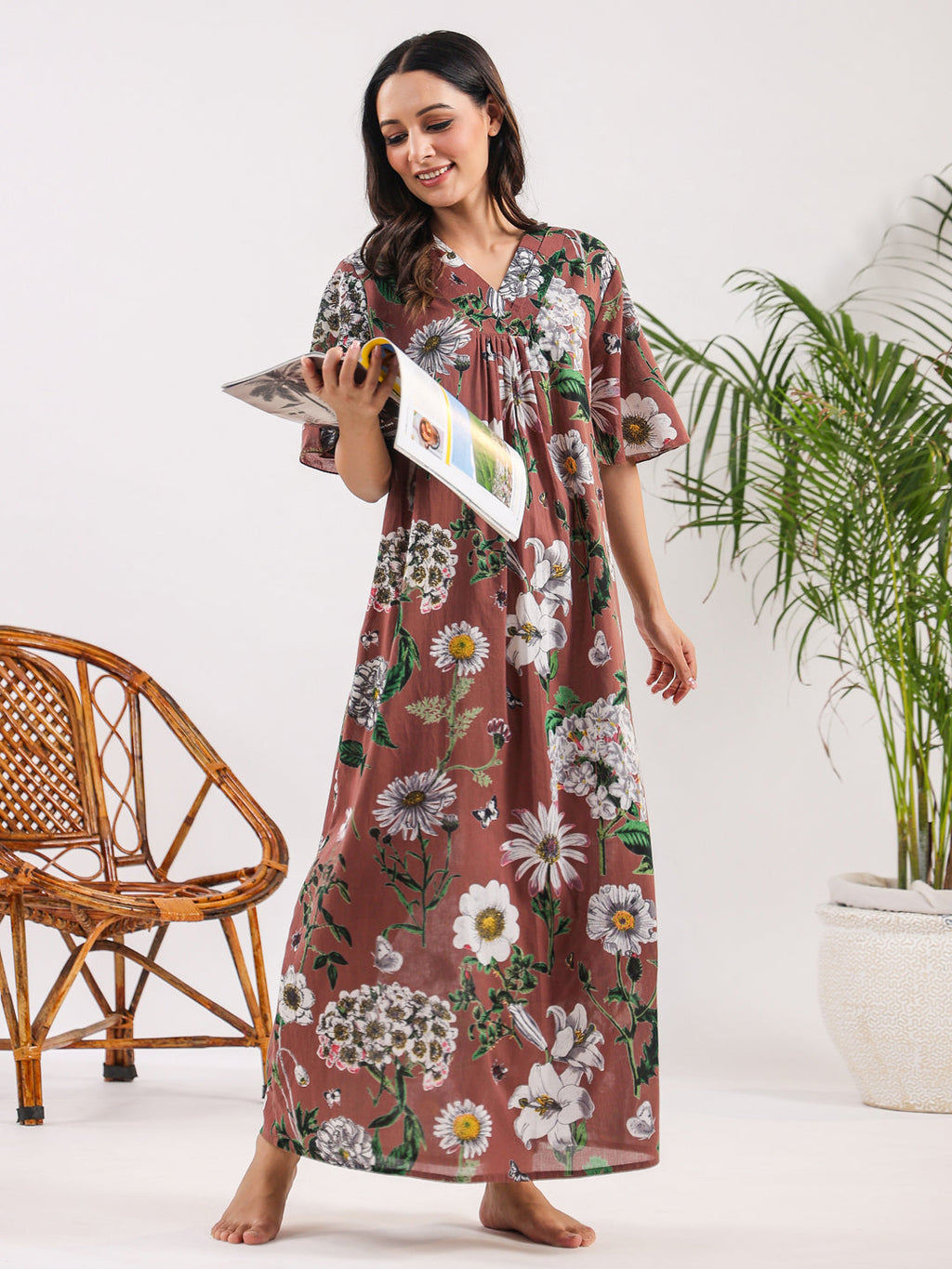 Brown Floral Cotton Night Dress
