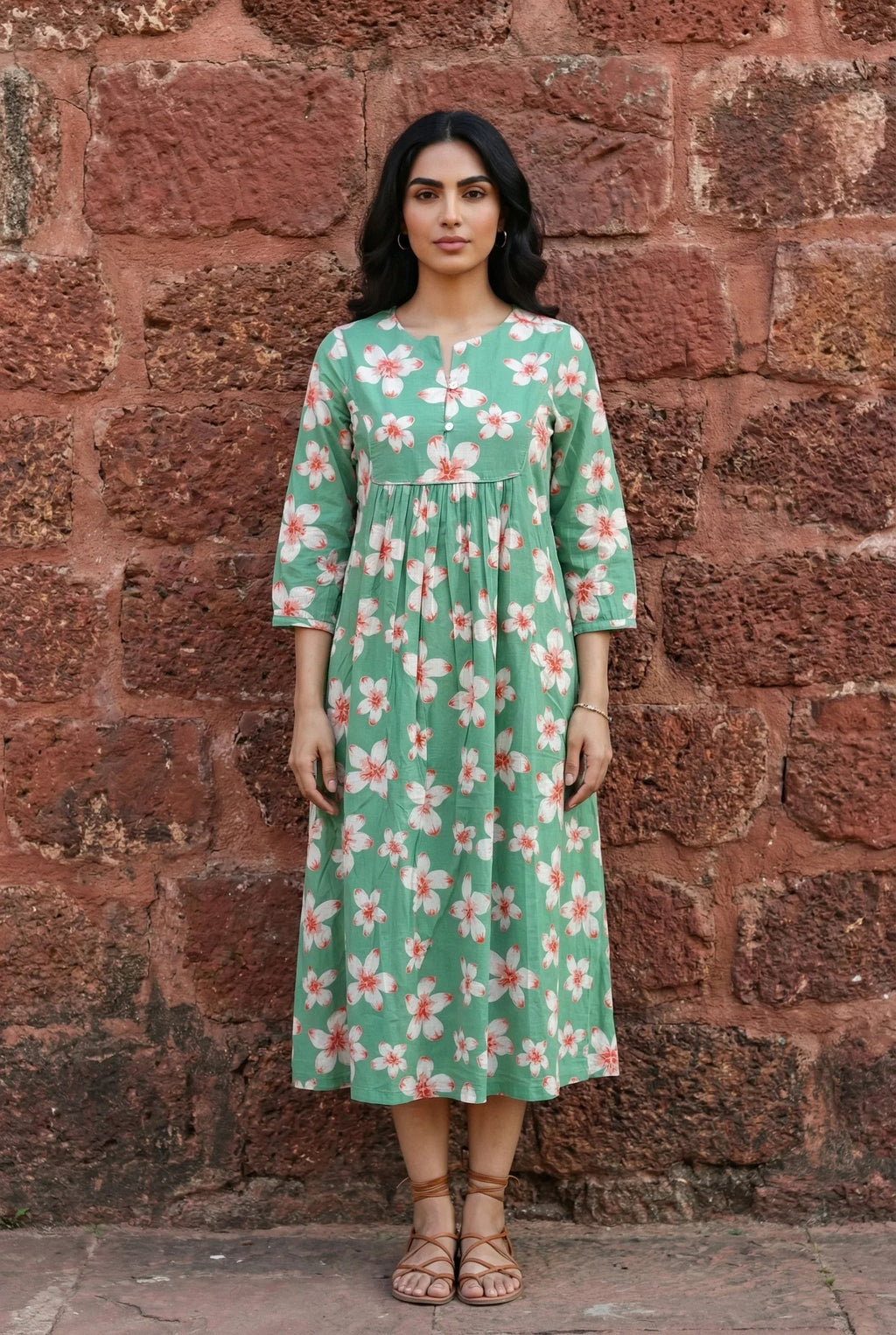Green Floral Print Round Neck Pure Cotton Nightdress for Women - SanskrutiHomes 