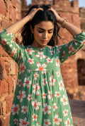 Green Floral Print Round Neck Pure Cotton Nightdress for Women - SanskrutiHomes 