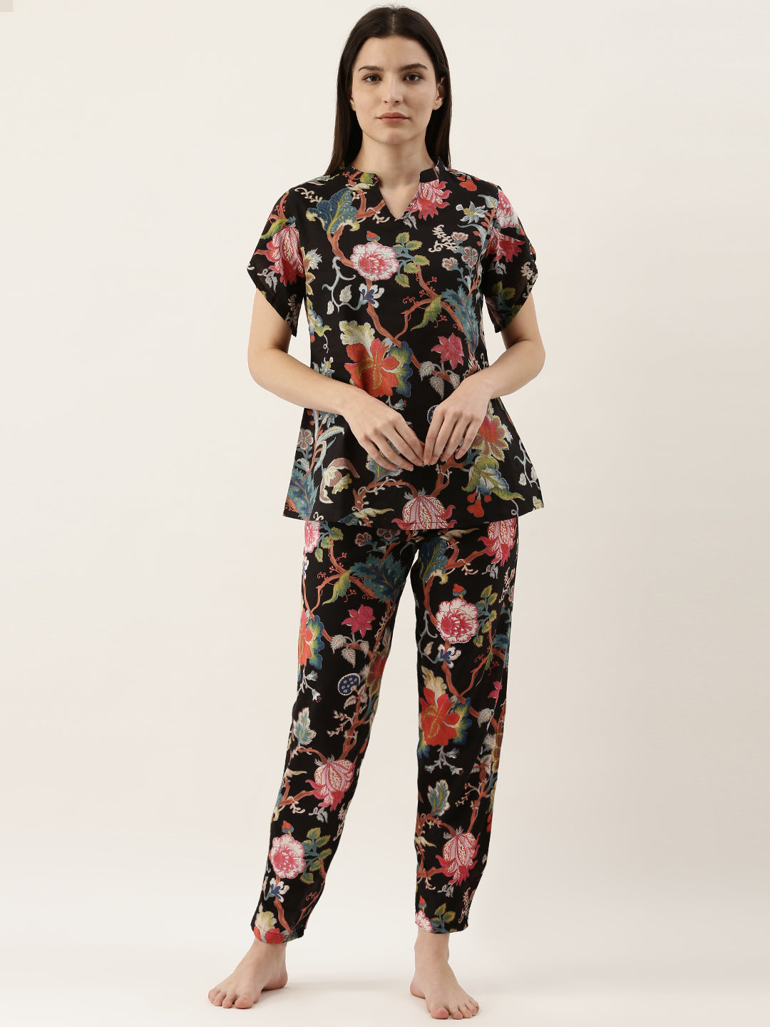 Black Cotton Printed Night Suit Set With Pajama