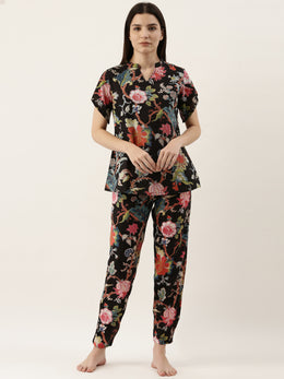 Black Cotton Printed Night Suit Set With Pajama