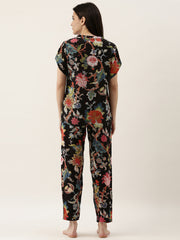 Black Cotton Printed Night Suit Set With Pajama