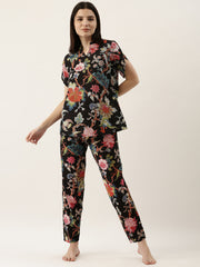Black Cotton Printed Night Suit Set With Pajama