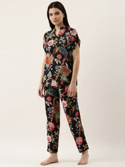Black Cotton Printed Night Suit Set With Pajama