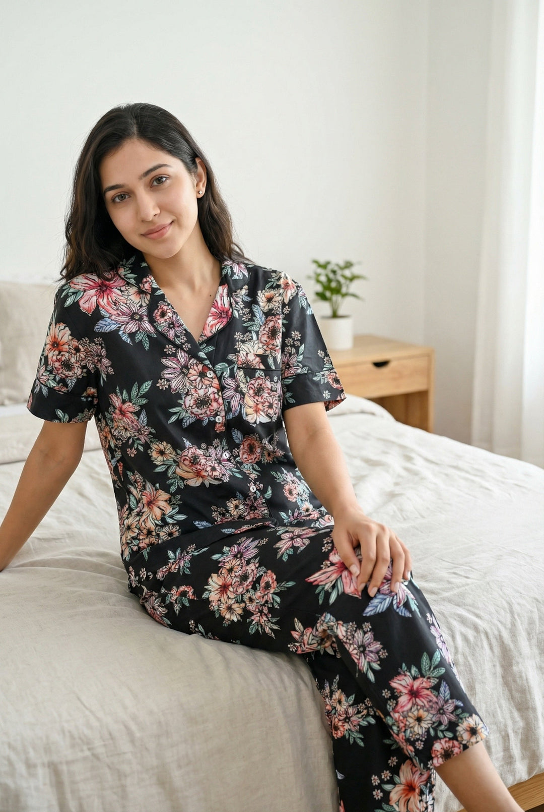 Black Floral Print Shirt Collar Cotton Night Suit Set For Women