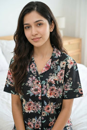 Black Floral Print Shirt Collar Cotton Night Suit Set For Women