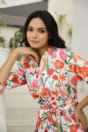 Off White Orange Printed V-Neck Satin Pyjama Night Suit For Women