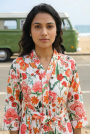 Off White V-Neck Floral Print Satin Night Suit Set for Women
