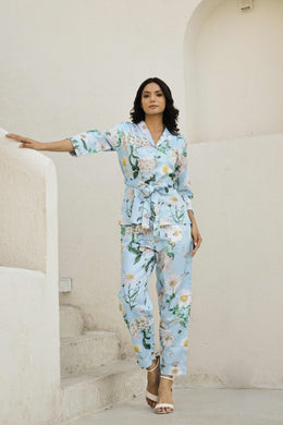 Aqua Blue Printed V-Neck Satin Pyjama Night Suit For Women
