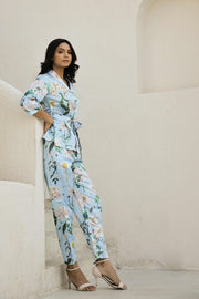 Aqua Blue Printed V-Neck Satin Pyjama Night Suit For Women