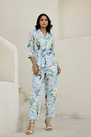 Aqua Blue Printed V-Neck Satin Pyjama Night Suit For Women