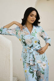 Aqua Blue Printed V-Neck Satin Pyjama Night Suit For Women
