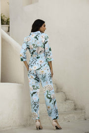 Aqua Blue Printed V-Neck Satin Pyjama Night Suit For Women