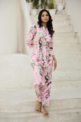 Rose Pink Printed V-Neck Satin Pyjama Night Suit For Women