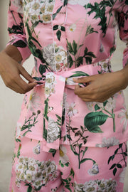 Rose Pink Printed V-Neck Satin Pyjama Night Suit For Women