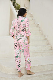 Rose Pink Printed V-Neck Satin Pyjama Night Suit For Women