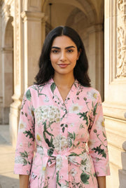 Pink Floral Print V-Neck Pure Cotton Night Suit Set For Women