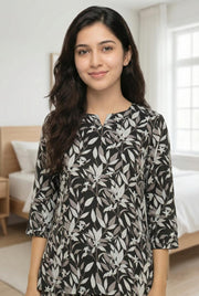 Black & White Round Neck Printed Pure Cotton Night Suit Set For Women