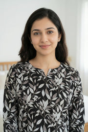 Black & White Round Neck Printed Pure Cotton Night Suit Set For Women