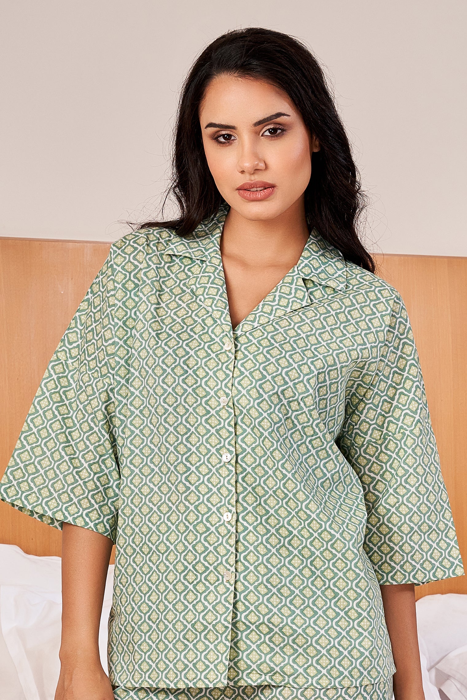 Green Geometrical  LOOSE FIT Printed Lounge Set