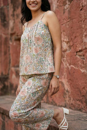 Beige Floral Print Round Neck Pure Cotton Night suit