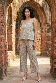 Beige Floral Print Round Neck Pure Cotton Night suit